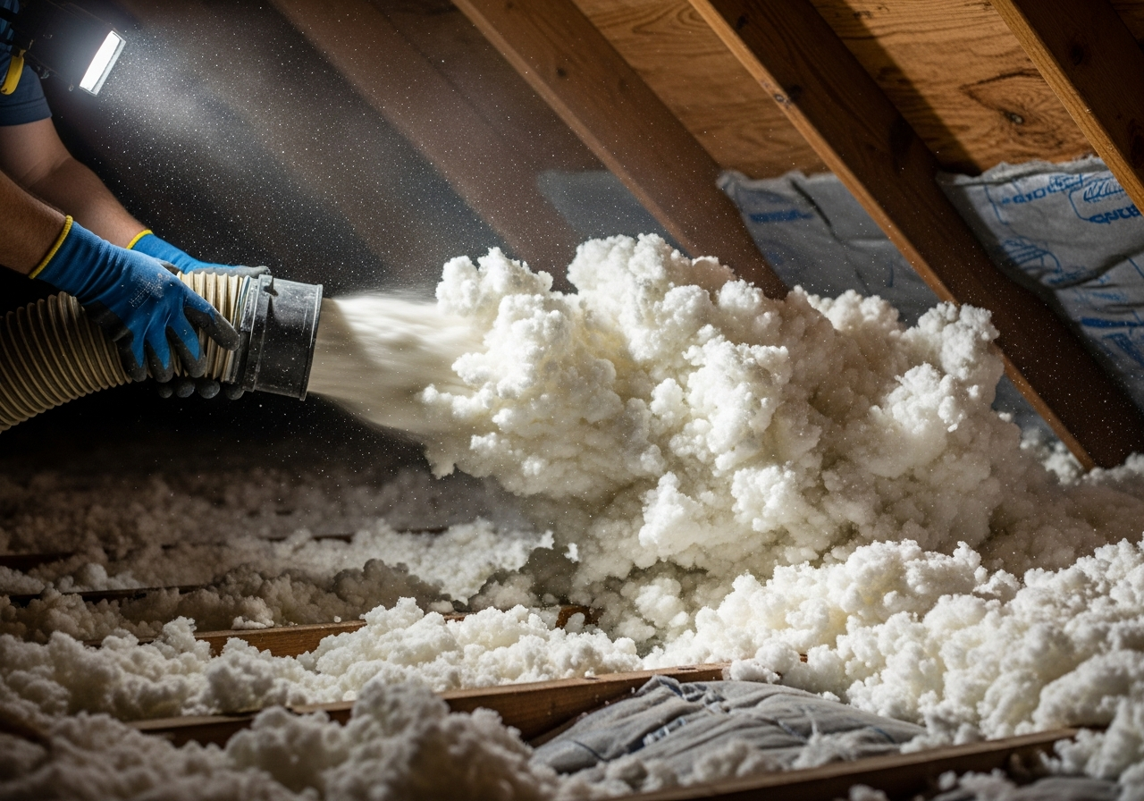 Universal Pest Guard borate-treated blown-in fiberglass insulation in Hampton Roads Virginia attic