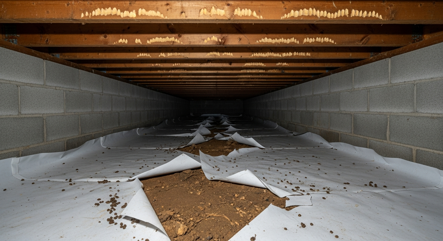 Rodent-damaged insulation in a Hampton Roads crawl space